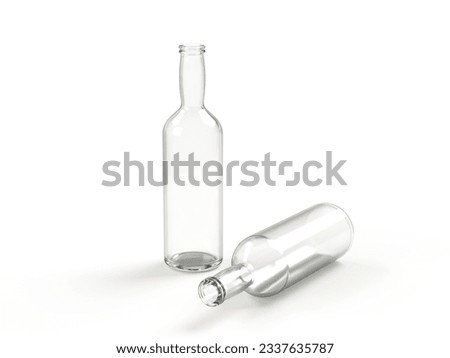 3D rendering, Empty glass bottles of green, brown, and clear bottles
