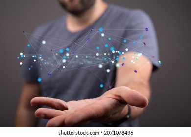 A 3D rendering floating connecting lines and binary digits on a man's hand - Concept of communication