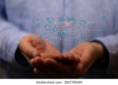 A 3D rendering of floating digital data network symbol on hand
