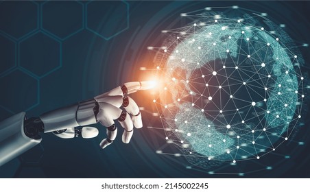 3D rendering futuristic droid robot technology development, artificial intelligence AI, and machine learning concept. Global robotic bionic science research for future of human life.