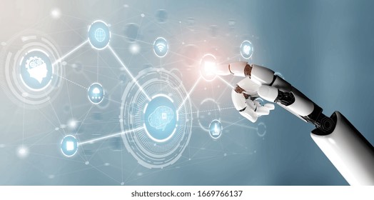 3D Rendering futuristic robot technology development, artificial intelligence AI, and machine learning concept. Global robotic bionic science research for future of human life.