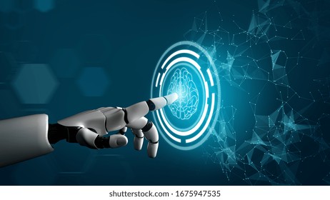 3D Rendering futuristic robot technology development, artificial intelligence AI, and machine learning concept. Global robotic bionic science research for future of human life.