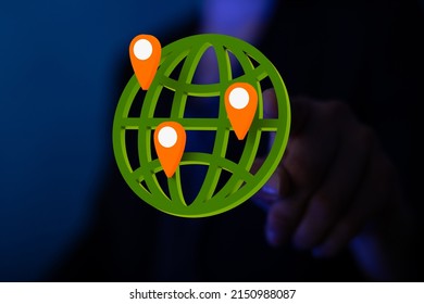 A 3D rendering of the globe with three pins on a dark background with a person's hand pointing it - Powered by Shutterstock - Get 15% off with code: PIKWIZARD15