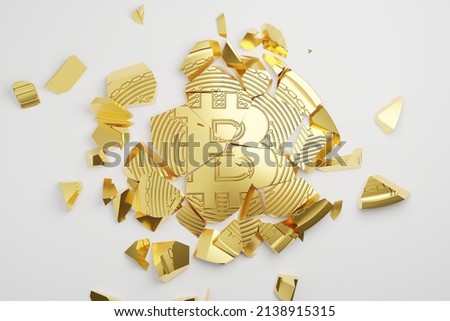 3D rendering gold Bitcoin Break down, Cryptocurrency investment technology digital money crash crisis concept design on white background