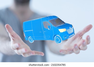 A 3D rendering of a hologram wireframe van in a man's hands - logistics and delivery concept - Powered by Shutterstock