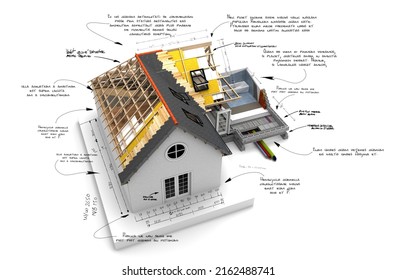 3D Rendering Of A House Project With Technical  Construction Requirements  In Dummy Text For Illustration Purpose