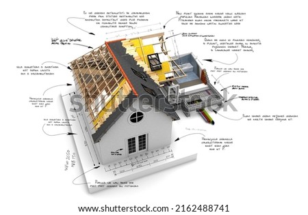 3D rendering of a house project with technical  construction requirements  in dummy text for illustration purpose