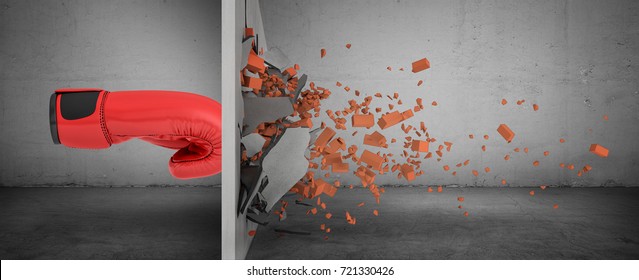 3d Rendering Of A Huge Red Boxing Glove In Side View Touches A Brick Wall And Smashes It With Rubble Falling Out. Force And Strength. Breaking Obstacles. Crash Down Walls.