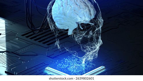 A 3D rendering of a human brain connected to a circuit board, showcasing the concept of artificial intelligence, neural networks, and technological advancements in brain-computer interfaces.