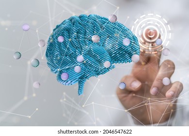 A 3D rendering of human brain with a hand tapping on it from the background- concept for artificial intelligence