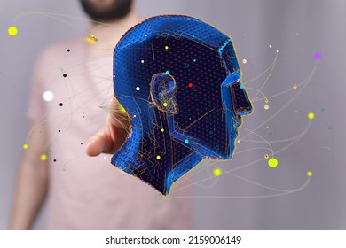 A 3d Rendering Of Human Brain Head In Side View Floating In Front Of A Man