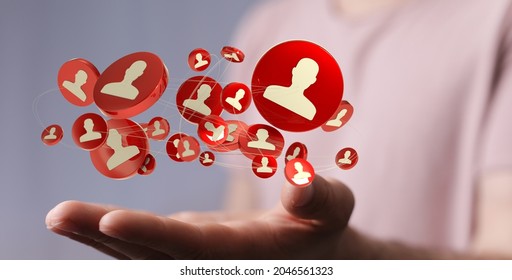 A 3D rendering of human icons with a hand touching it from the background-  digital network concept