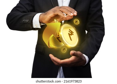 3d rendering of Indian rupee coins concept floating over palm of Business man, Digital currency suspending over hand. hologram in hands on white background