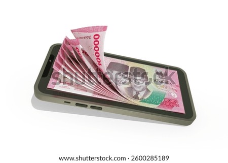 3D rendering of Indonesian Rupiah notes inside a mobile phone isolated on white background. money coming out of mobile phone