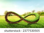 3D rendering of infinity environment concept. infinite earth land with green grass. Earth land with green grass on small green planet and blue sky background. Eco and circular economy concept.