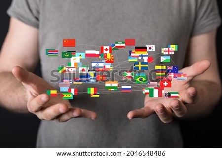 A 3D rendering of interconnected flags on a man's palms - global networking and connection concept