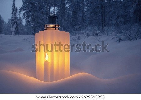 A 3D rendering of a lantern in the forest full with snow