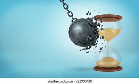3d rendering of a large black iron wrecking ball breaks when collides with a retro hourglass on blue background. Time conquers all. Time management. Missing time opportunity.