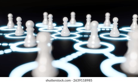 A 3d rendering of luminous web of glowing lines emanating from each blue-white circled the white pawn, emphasizing themes of strategic connection and interdependence.