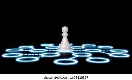 A 3d rendering of luminous web of glowing lines emanating from each blue-white circled the white pawn, emphasizing themes of strategic connection and interdependence.