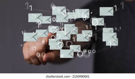 A 3D rendering of mail icons and binary codes with hand tapping on it from behind-online messaging concept - Powered by Shutterstock - Get 15% off with code: PIKWIZARD15