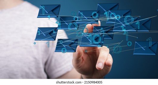 A 3D rendering of mail icons and binary codes with hand tapping on it from behind-online messaging concept