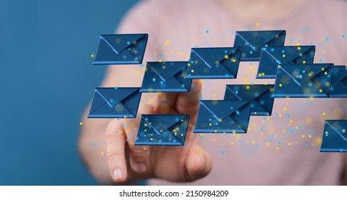 A 3D rendering of mail icons and binary codes with hand tapping on it from behind-online messaging concept