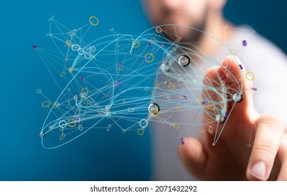 A 3D rendering of a man pointing at connecting lines network structure