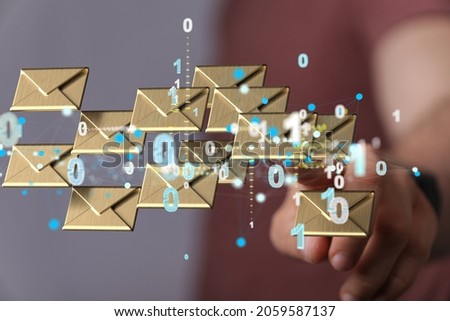 A 3D rendering of a man pointing at floating email icons - Concept of business communication