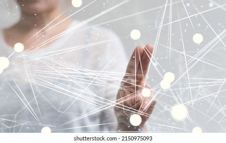 A 3D rendering of a man pointing at hovering sphere network structures