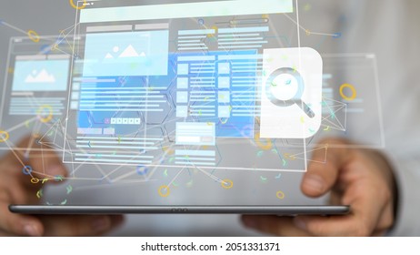 A 3d rendering of media develop interface web application in hand on a tablet