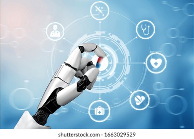 3D Rendering Medical Artificial Intelligence Robot Working In Future Hospital. Futuristic Prosthetic Healthcare For Patient And Biomedical Technology Concept.