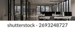 3D rendering of a modern open plan office interior evening time.