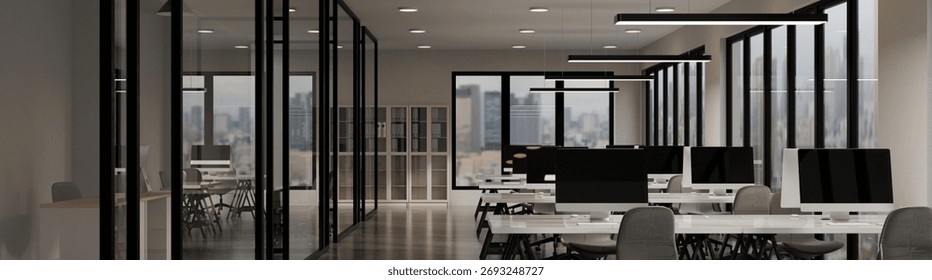 3D rendering of a modern open plan office interior evening time.