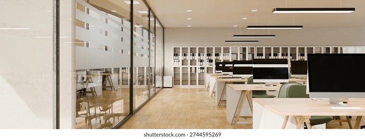 3D rendering of a modern open plan office interior workstation and meeting room panorama view.