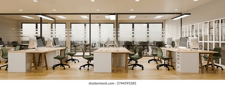 3D rendering of a modern open plan office interior workstation and meeting room panorama view.