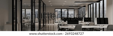 3D rendering of a modern open plan office interior evening time.