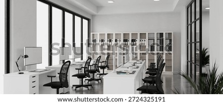 3D rendering of a modern open plan office interior with white desks, chairs, and computer in office place.