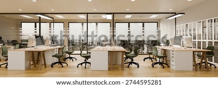 3D rendering of a modern open plan office interior workstation and meeting room panorama view.