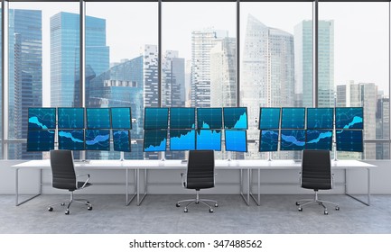 3D rendering of office with 24 switched on monitors, processing data for trading, window at the background, singapore panoramic view