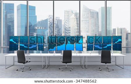 3D rendering of office with 24 switched on monitors, processing data for trading, window at the background, singapore panoramic view