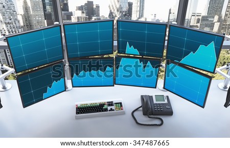 3D rendering of office with switched on monitors, processing data for trading, window at the background, new york