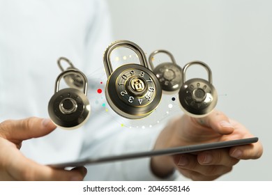 A 3d rendering of padlocks on hands holding a mobile phone-cybersecurity or network protection concept