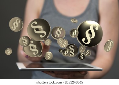 A 3d rendering of paragraph symbols in circles hovering over a tablet in a woman's hands