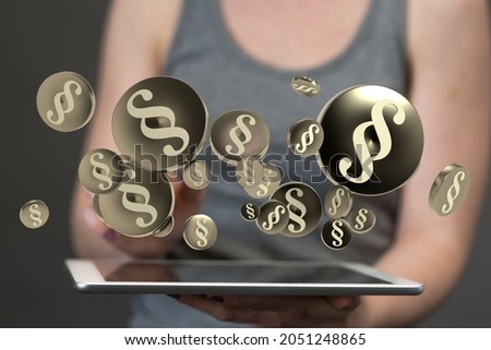 A 3d rendering of paragraph symbols in circles hovering over a tablet in a woman's hands