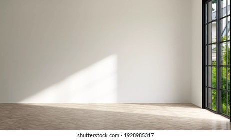 3d rendering picture of an empty living room with sunlight shine through a sliding door, wooden floor, white wall. Renovate, New house, Home loan, Property, Background, Mockup, Backdrop, Advertising.