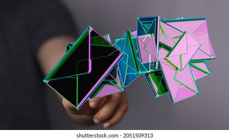 A 3d rendering of pink messaging converts touched by a hand on a wall background