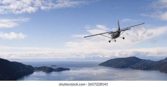 3D rendering of a plane soaring over blue sky and sea surrounded by land.