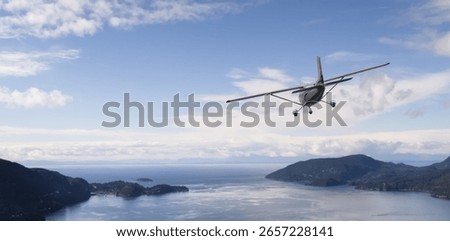 3D rendering of a plane soaring over blue sky and sea surrounded by land.