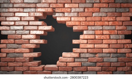 A 3D rendering of a red brick wall with a large hole broken through it